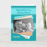 Husband turquoise green Birthday photo greeting Kort<br><div class="desc">Greeting card for men.
Personalize this Birthday Card for your Husband,  or another person.
Designed in turquoise green and beige,  with love hearts.
Replace the photo with your own,   and change the text to suit.

**Samplephotos©Lynnrosedesigns**</div>