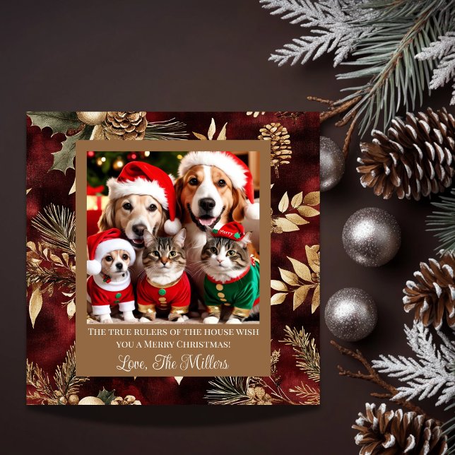 Husdjur Burgundy Guld med foto Julkort (Skapare uppladdad)