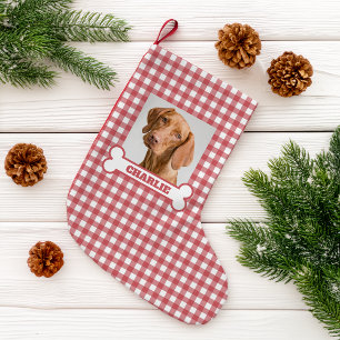 Husdjur Foto & Hundben med namn på röd-vit rutmöns Liten Julstrumpa
