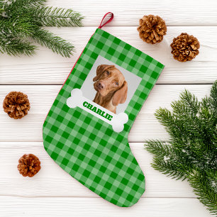 Husdjur Foto och hundben med namn på grön rutyta Liten Julstrumpa