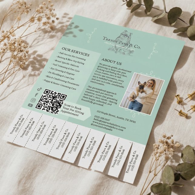 Husdjur Frisör Hund Katt Vårdtjänster Avrivbara Kv Reklamblad (Pet Grooming Dog Cat Care Services Tear Off Tabs Flyer)