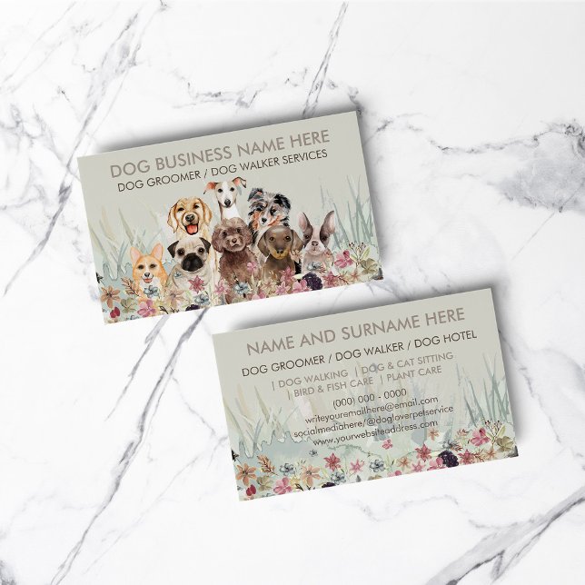 Husdjur-Sittare Promenerar hund-djurvård grön gräs Visitkort (Pet Sitter Walker dog petcare green grass floral Business Card)