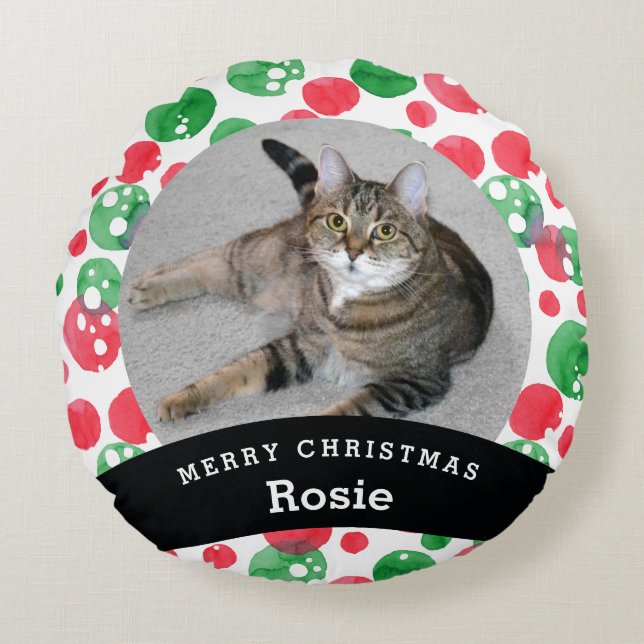 Husdjuret personifierade röda gröna vattenfärgen rund kudde (Framsidan)