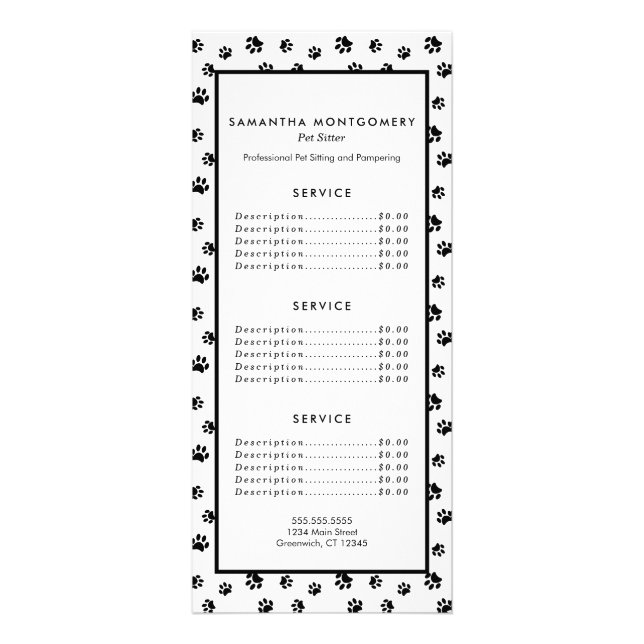 Husdjurs-sittarservice med svarta tassavtryck reklamkort (Framsidan)