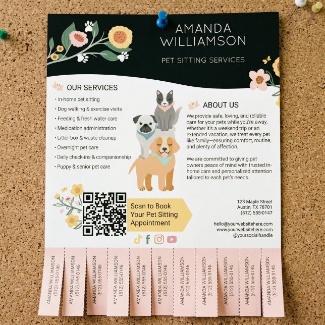 Husdjurs-sittning Hund Katt Vård Tjänster Avrivbar Reklamblad (Pet Sitting Dog Cat Care Services Tear Off Tabs Flyer)