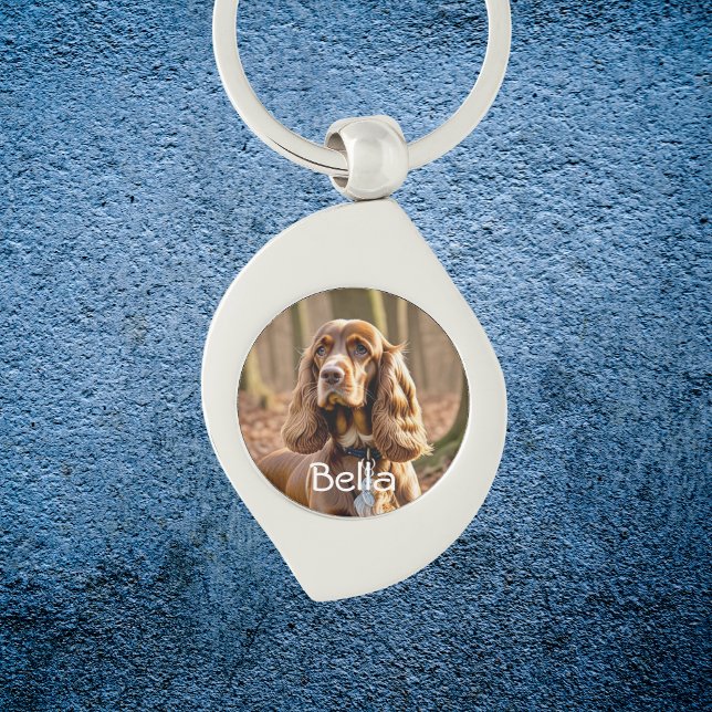 Husdjursfoto Cocker Spaniel Personlig Swirl Silverfärgad Nyckelring (Elegant Keychain, personalize, add your pets photo and name.)