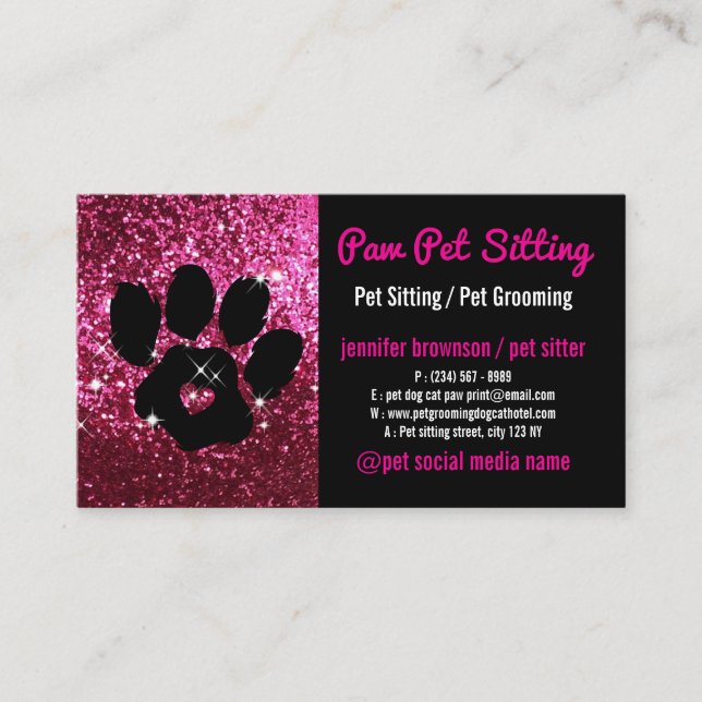 Husdjurssittare Grooming Glitter Rosa Svart Hund K Visitkort (Framsida)