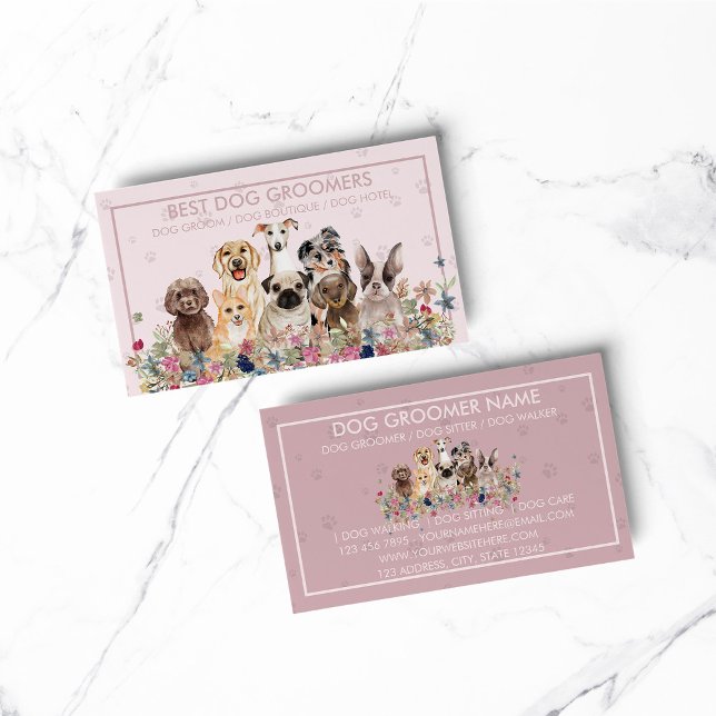 Husdjurssittare hund veterinär rosa inramade tassa visitkort (pet animal dog cat veterinary farm)