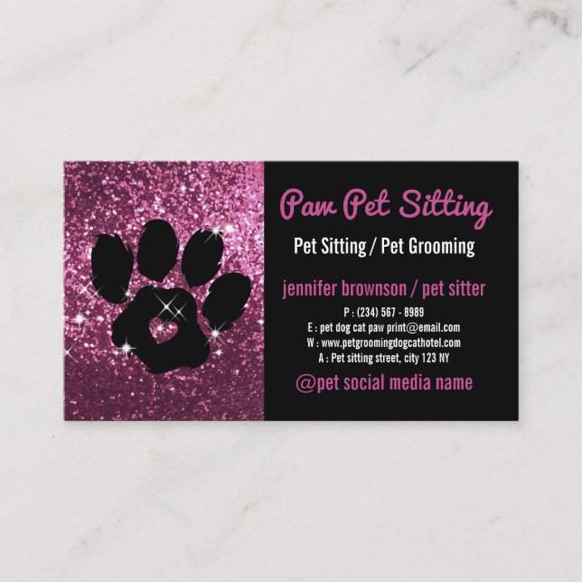 Husdjurssitter Grooming Glitter ros Svart Hund Kat Visitkort (Framsida)