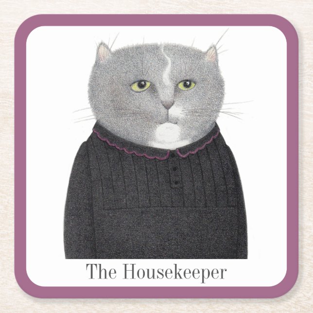 HUSEKEEPER CAT Square Papper Underlägg + Text Kvadrat (Framsidan)