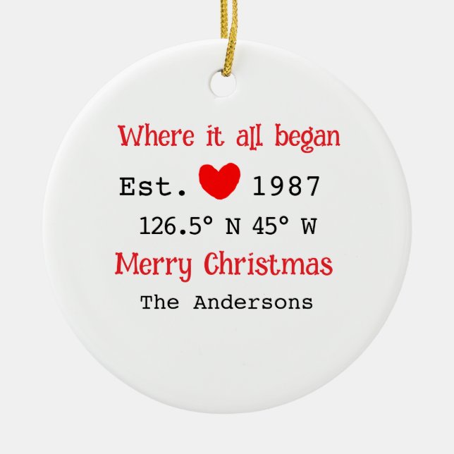 Huset i sjö. Datum år anpassningsbarnas koordinate Julgransprydnad Keramik (Framsidan)