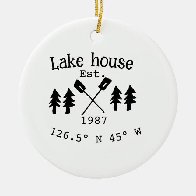 Huset i sjö. Datumårskoordinater lägga till anpass Julgransprydnad Keramik (Framsidan)