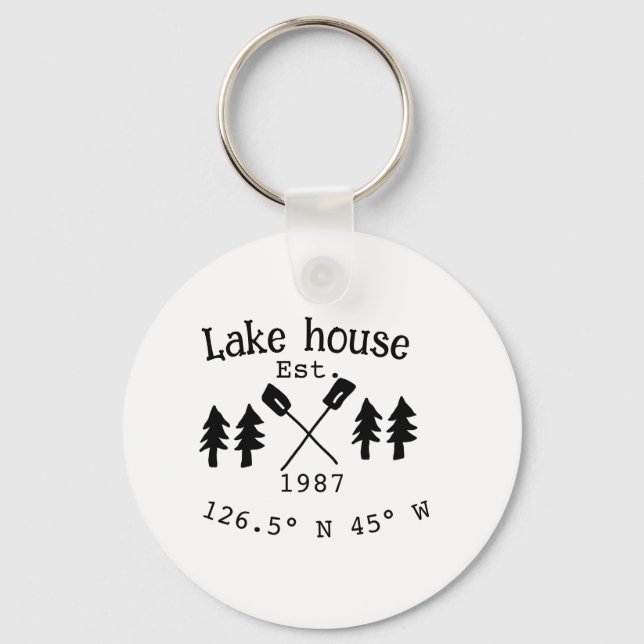 Huset i sjö. Datumårskoordinater lägga till anpass Nyckelring (Framsida)