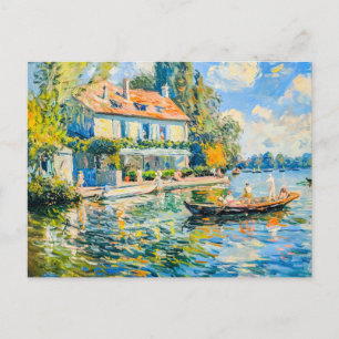 Huset vid sjö med båt helg vykort