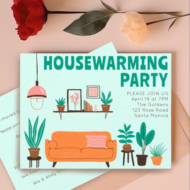 Hushållsuppvärmning Party Inbjudan Cute Living Roo (Custom housewarming party postcard invitation. Cute illustration of a living room w sofa. Add text)