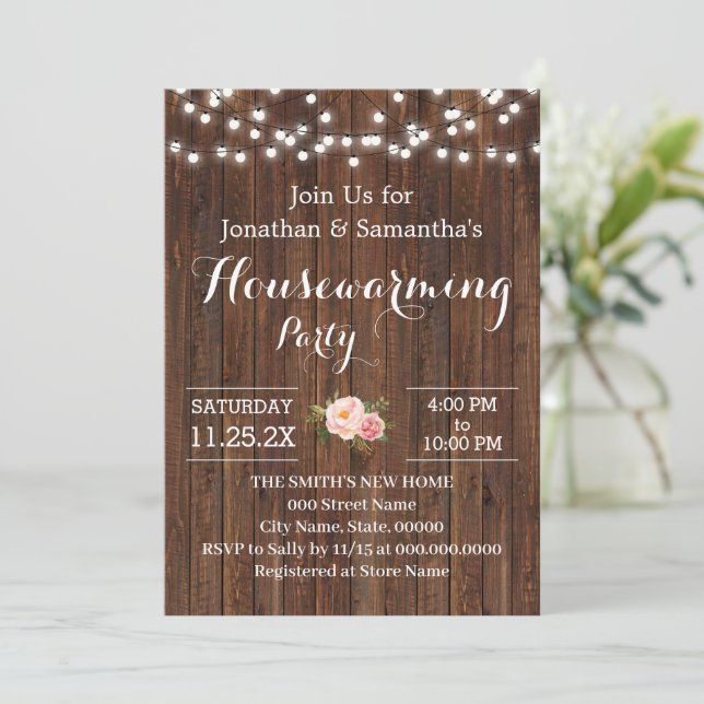 Hushållsuppvärmning Party Rustic Wooden Rosa Flowe Inbjudningar (Stående Fram)