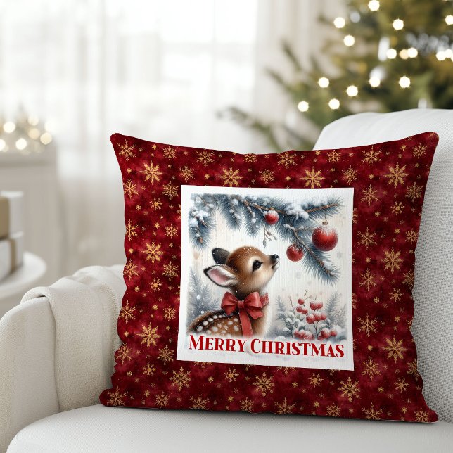 Hushed snowy forest Christmas scene baby deer kids Kudde (Hushed snowy forest Christmas scene baby deer kids decor)