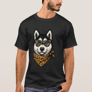 Huskey Wearing Leopard Scarf Animal Wearing Sungla T Shirt