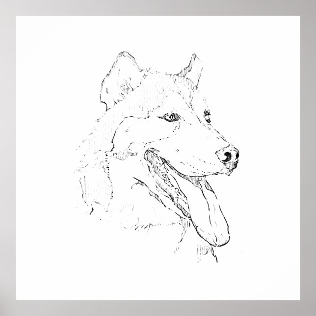 Husky bläck väggkonst – minimalistisk hund linjete (Framsidan)
