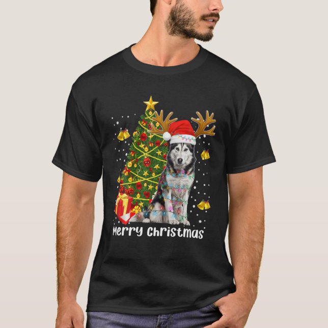 Husky Christmas Lights Tree Santa Xmas Pajama Sibe T Shirt (Framsida)