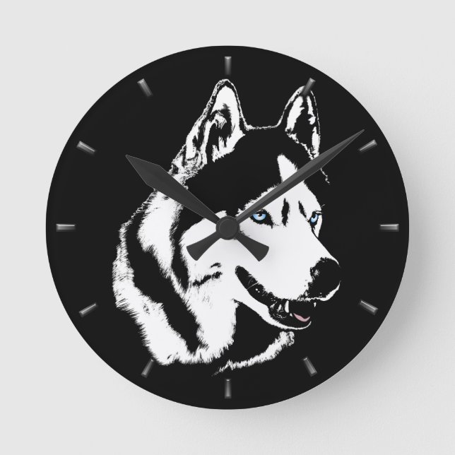 Husky Clock presenterar Dockor Sled Hund Wall Cloc Rund Klocka (Framsida)