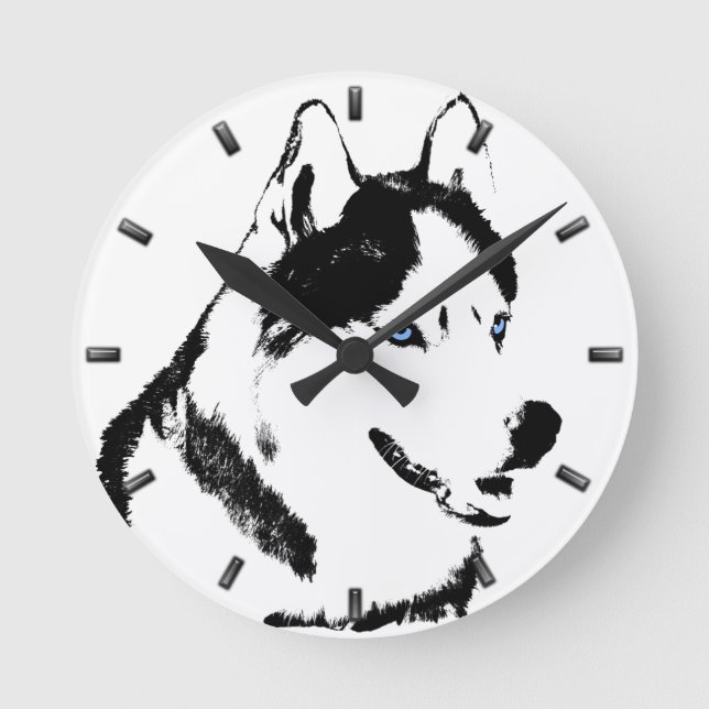 Husky Clock presenterar Dockor Sled Hund Wall Cloc Rund Klocka (Framsida)