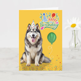 Husky Dog in a Party Hat on Yellow Birthday Kort