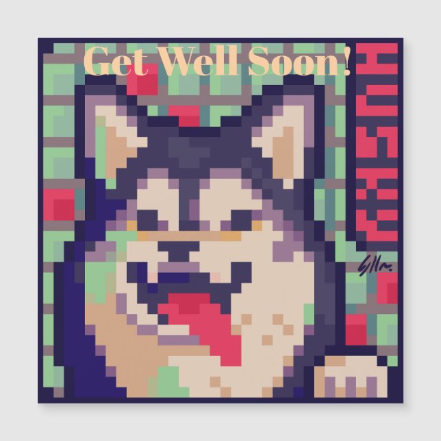 Husky, Get Well soon, Pixel Art Pixelart Magnetisk Inbjudningskort (Framsida)