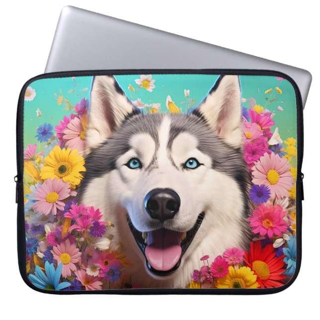 Husky Hund Bag med Blommigt Design Laptop Fodral (Framsidan)