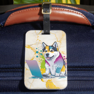 Husky Hund Computer Rainbow Watercolor Tech Savvy Bagagebricka