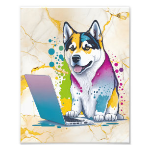 Husky Hund Computer Rainbow Watercolor Tech Savvy Fototryck