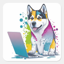 Husky Hund Computer Rainbow Watercolor Tech Savvy Fyrkantigt Klistermärke