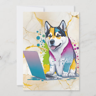 Husky Hund Computer Rainbow Watercolor Tech Savvy Julkort