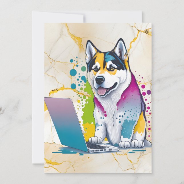 Husky Hund Computer Rainbow Watercolor Tech Savvy Julkort (Framsida)