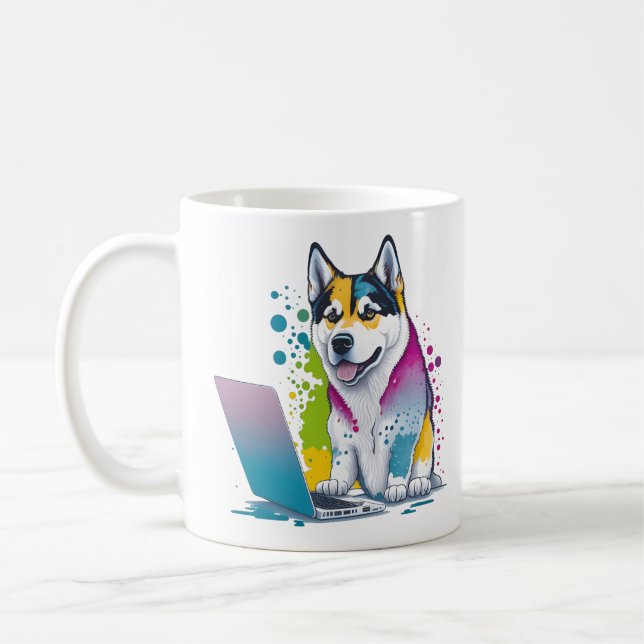 Husky Hund Computer Rainbow Watercolor Tech Savvy Kaffemugg (Vänster)
