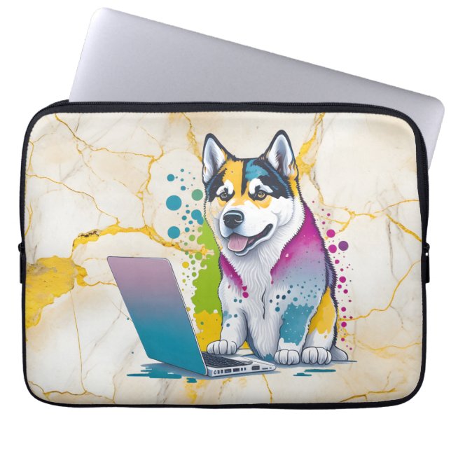 Husky Hund Computer Rainbow Watercolor Tech Savvy Laptop Fodral (Framsidan)