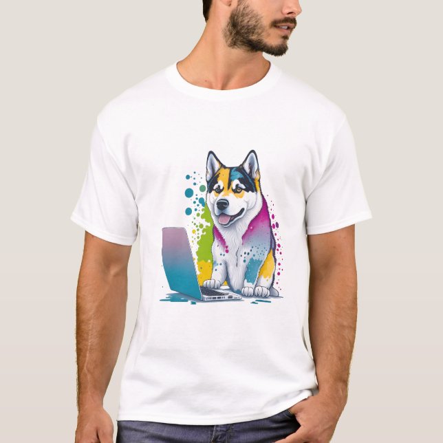 Husky Hund Computer Rainbow Watercolor Tech Savvy T Shirt (Framsida)