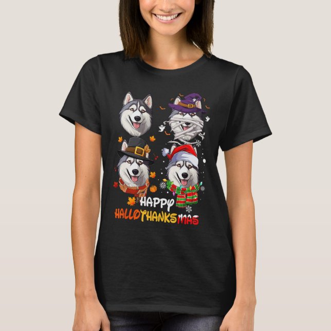 Husky Hund Hallothanksmas Halloween Thanksgiving X T Shirt (Framsida)