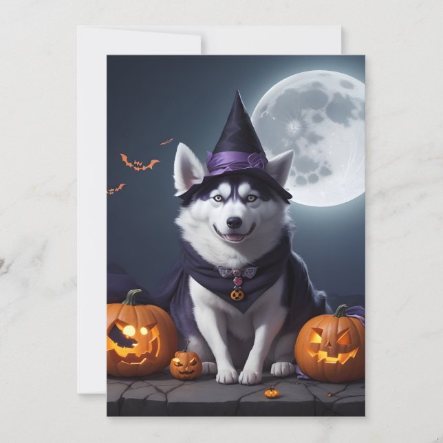 Husky Hund Halloween Äventyr Månljust Magi Kuslig Julkort (Framsida)
