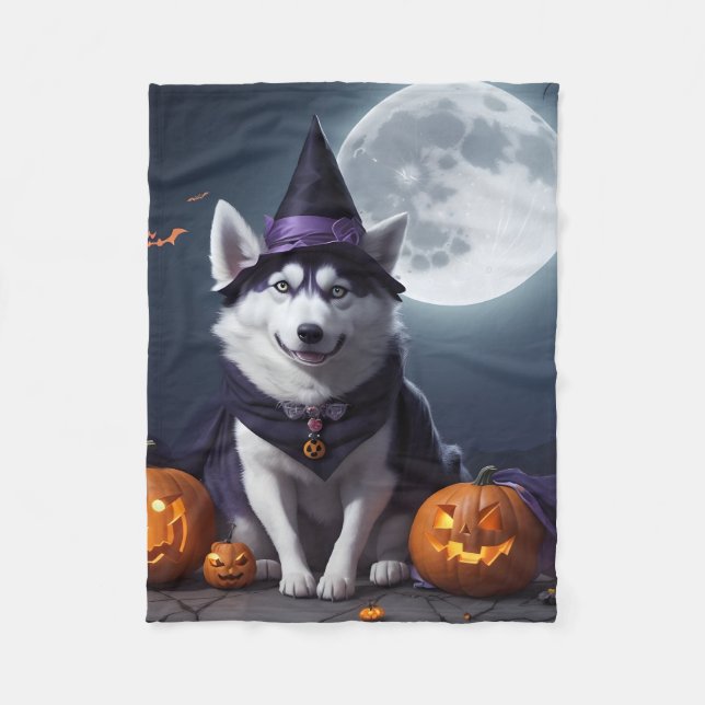 Husky Hund Halloween Äventyr Moonlit Magic Spooky Fleecefilt (Framsidan)