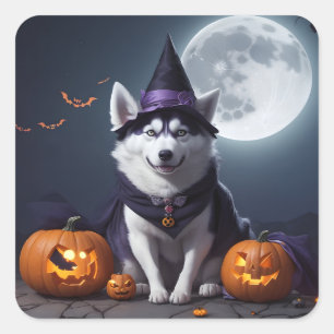 Husky Hund Halloween Äventyr Moonlit Magic Spooky Fyrkantigt Klistermärke