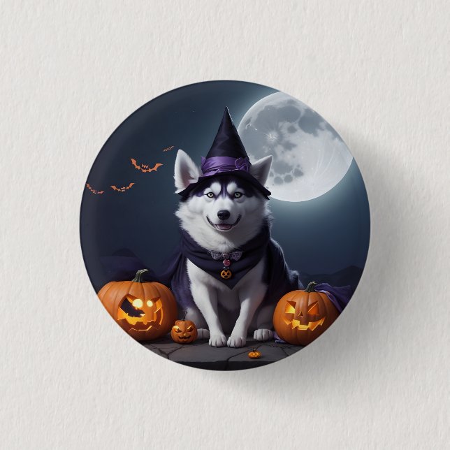 Husky Hund Halloween Äventyr Moonlit Magic Spooky Knapp (Framsida)