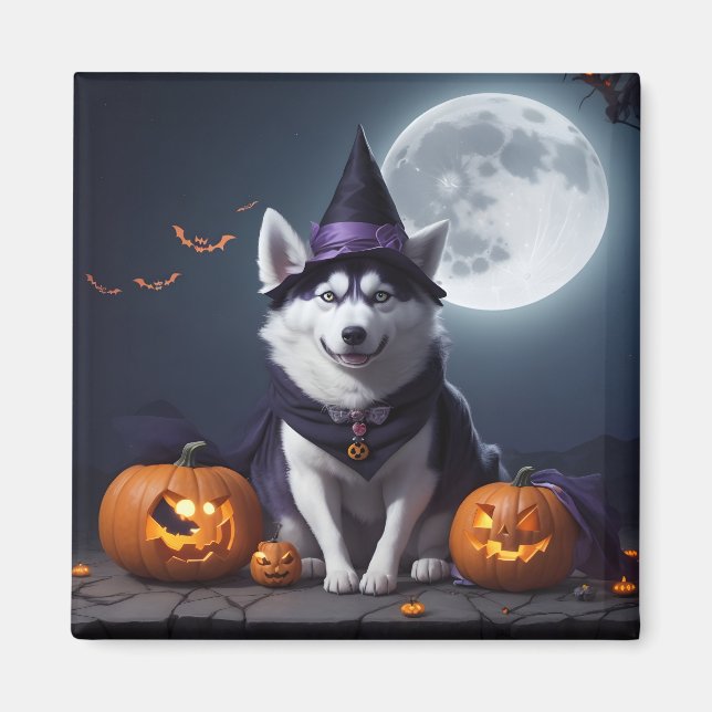 Husky Hund Halloween Äventyr Moonlit Magic Spooky Magnet (Framsidan)