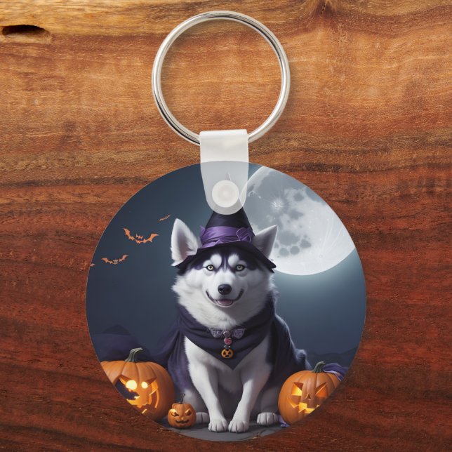 Husky Hund Halloween Äventyr Moonlit Magic Spooky Nyckelring (Framsida)