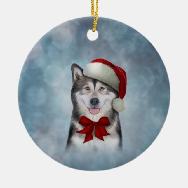 Husky hund i Jultomten rödhatt Julgransprydnad Keramik (Framsidan)