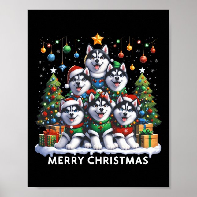 Husky Hund Julgran God jul Matching Poster (Framsidan)