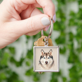 Husky Hund Konst Design Fyrkantig Silverfärgad Nyckelring