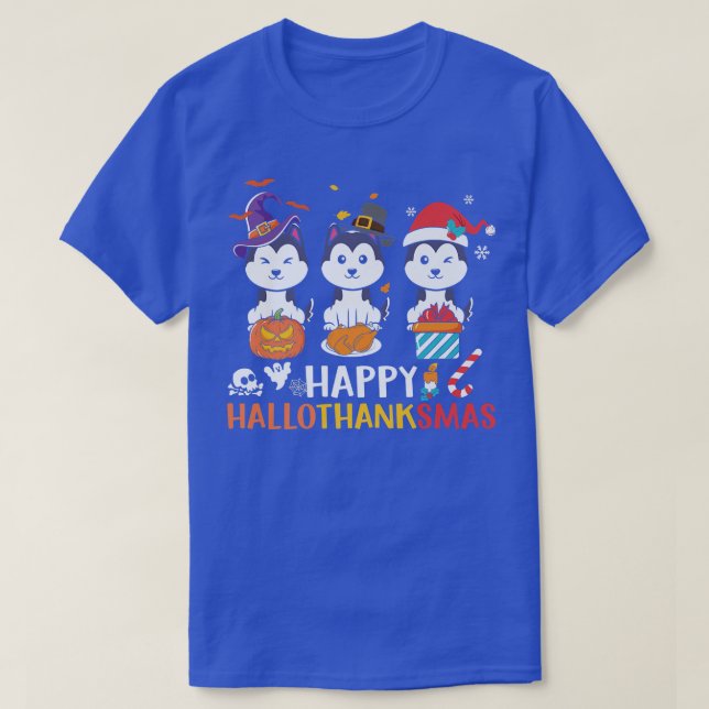 Husky Hund Lycklig HalloThanksmas Fall Autumn Hall T Shirt (Design framsida)