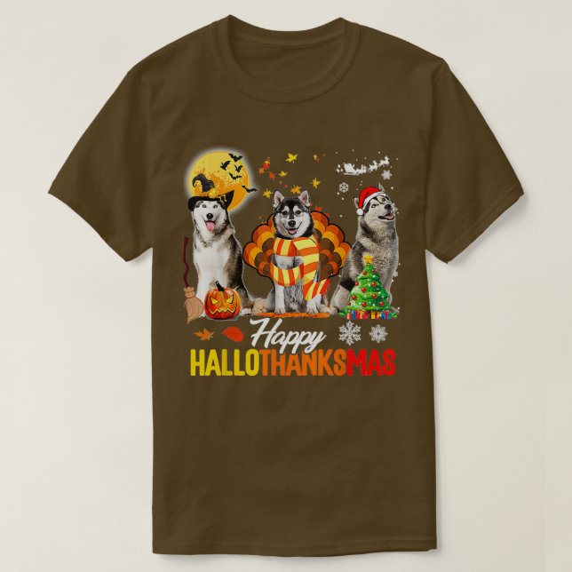 Husky Hund Lycklig Hallothanksmas Halloween Thanks T Shirt (Design framsida)
