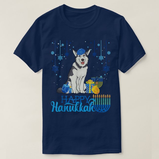 Husky Hund Lycklig Hanukkah T Shirt (Design framsida)